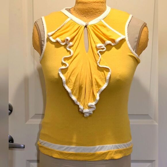 $5 Item! EUC Jeffrey Banks XS Yellow and White Frilled Button Collar Tank Top - Picture 1 of 7